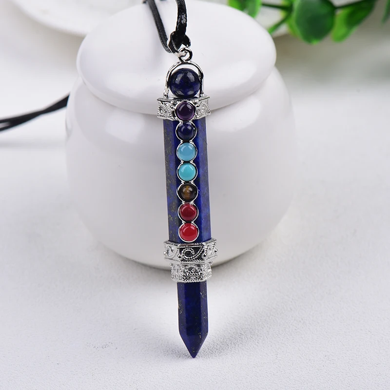 Seven Chakra Pendant Natural Stone Pencil Point Pendulum For Dowsing Wand Reiki Quartz Crystal Pendulo Meditation Spiritual Gift