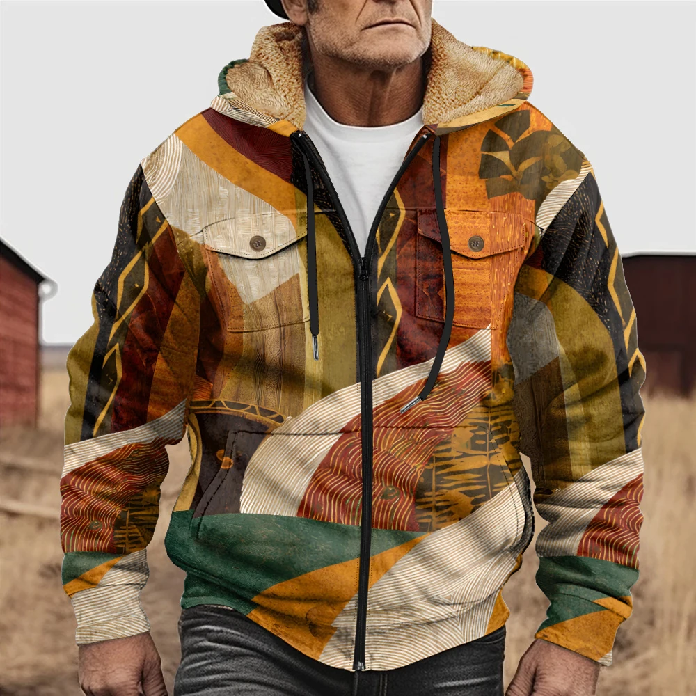 Unisex Retro Geometric Print Fleece-Lined Hooded Jackets Bold Multicolor Abstract Design with Cozy Warm Inner Trendy Streetwear