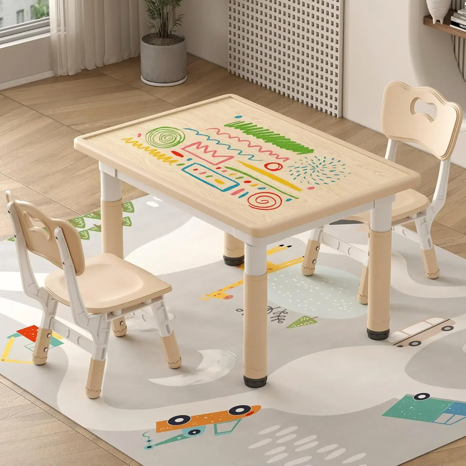 

Kids Table and Chairs Height Adjustable, Toddler Table and 2 Chairs, 31.5''L x 23.6''W Graffiti Desktop, for Reading