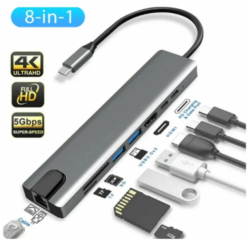 8-in-1 Type-C Expansion Dock with Network Port 4K High Definition HDMI Screen Expansion SD/TF Card Reader Multi-functional HUB