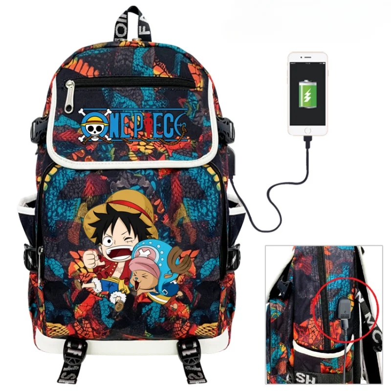 ONE PIECE Luffy Animation with USB Headphones Student School Bag Male Female Cartoon Large Capacity Travel Canvas Backpack