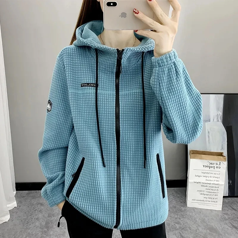 

Spring Autumn Female Leisure Hooded Zipper Cardigan Tops Coat Women New Loose Fashion Hooded Zipper Fleece Jacket Outwear