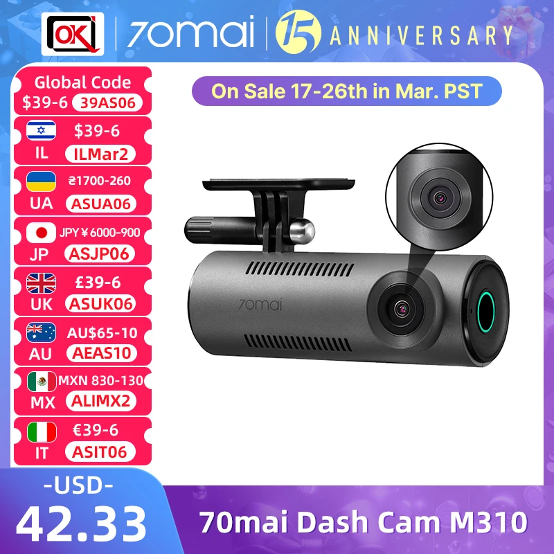 2024 New 70mai Dash Cam M310 New 1296P Night Vision F2.0 Aperture 70mai M310 Car DVR 24H Parking Monitor WIFI & App Control