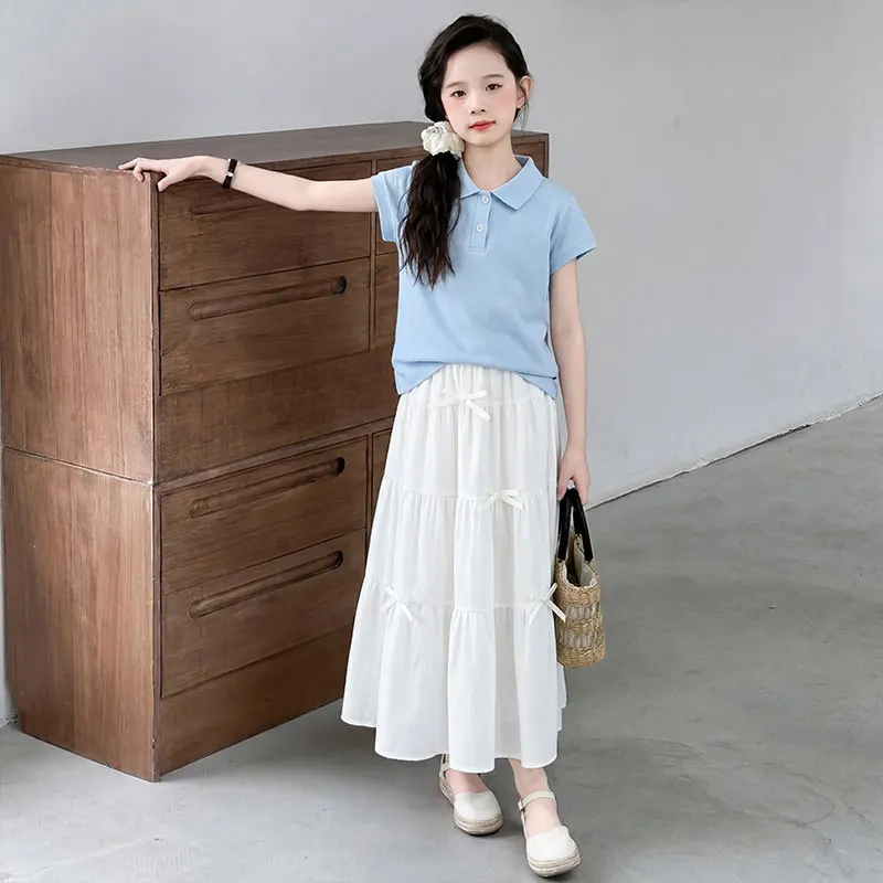 2026 summer thin Kids Children set Girls Clothes slim short T-Shirt +bow loose skirt Teenager 4 5 6 8 10 11 12 year korea japan