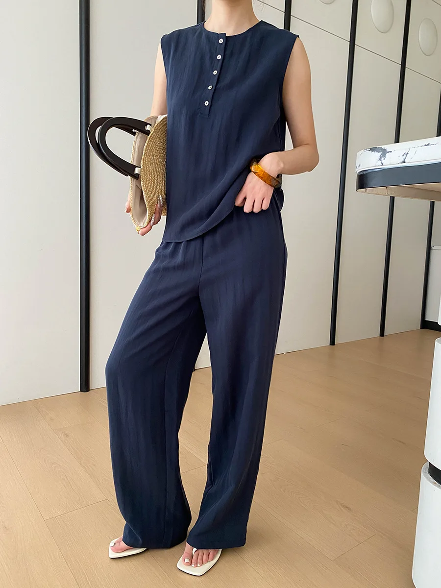 

Spring women's casual solid color sleeveless vest loose straight leg pants set
