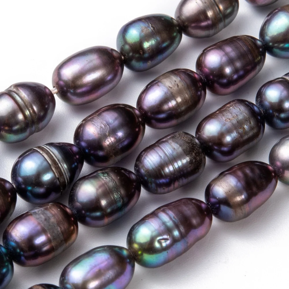 2 Strand Natural Cultured Freshwater Pearl Rice Beads Pearl Beads Strand Rice Shape Pearl Beads 7~8mm Prussian Blue,42pcs/strand