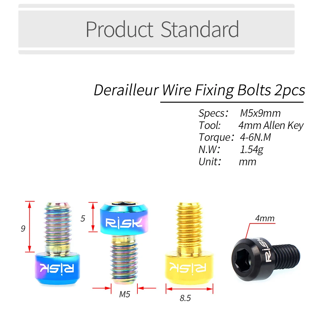 RISK 2 SZTUK M5 x 9mm Śruby ze stopu tytanu do mocowania przewodu przerzutki rowerowej przedniej tylnej Śruby linki przerzutki rowerowej MTB do