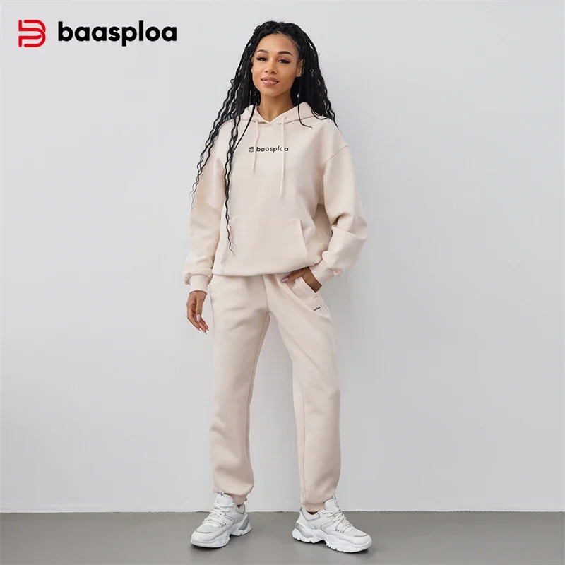 Baasploa Women Hooded Hoodie Set Top + Trousers 2 Sets 57% Cotton 43% Polyester Outdoor Breathable Comfortable Sports Set Hoodie