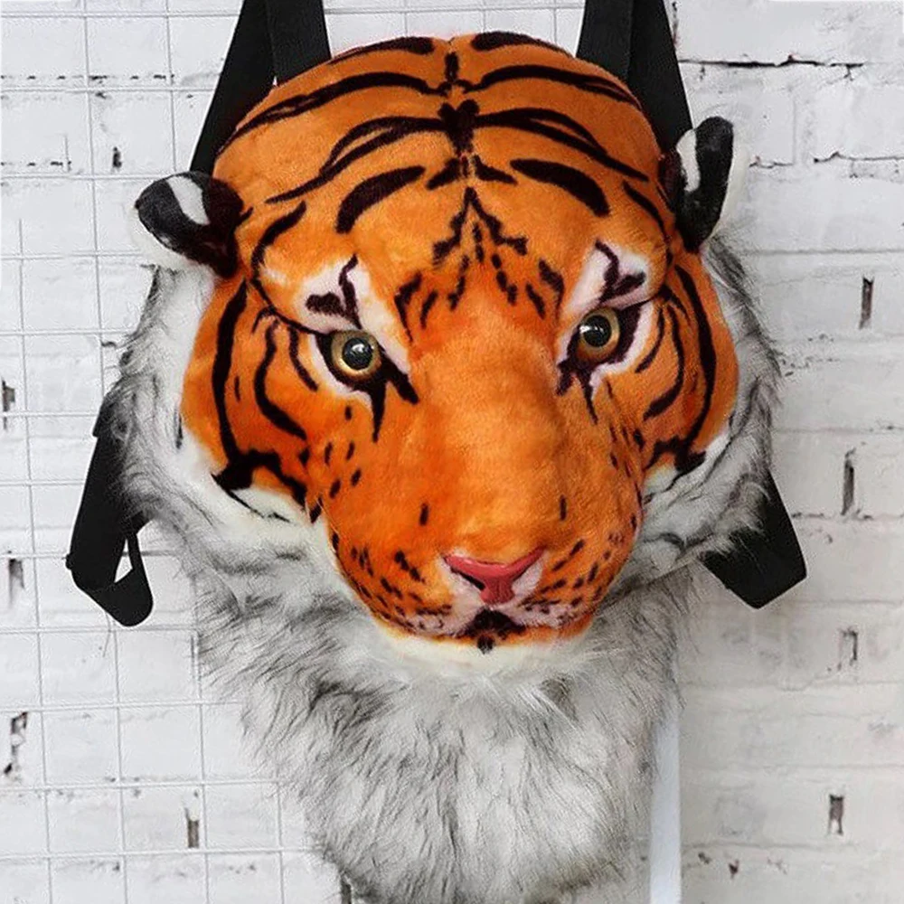 2022 New Anime Backpack Plush Tiger Lion Leopard Panda Black Bear Cosplay Man 3D Tiger Head Furry Bag Woman School Bag Halloween