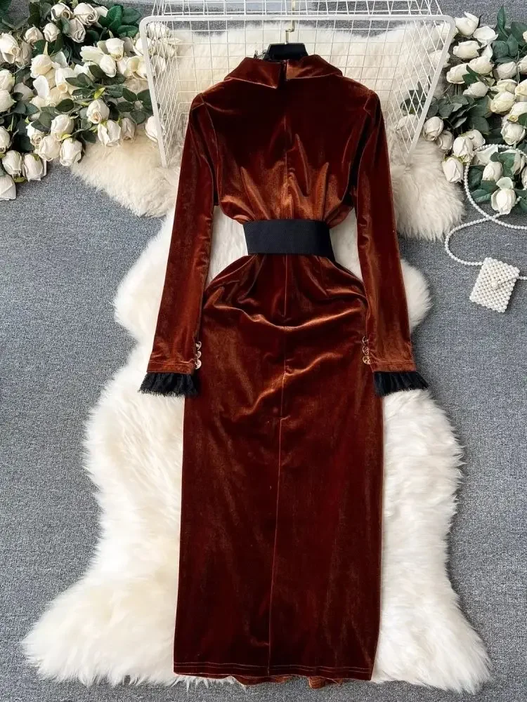 Autumn Winter Luxury Velvet Dress Women Clothing Notched Lion Metal Buttons Split Letter Belt Thick Velour Long Party Vestidos