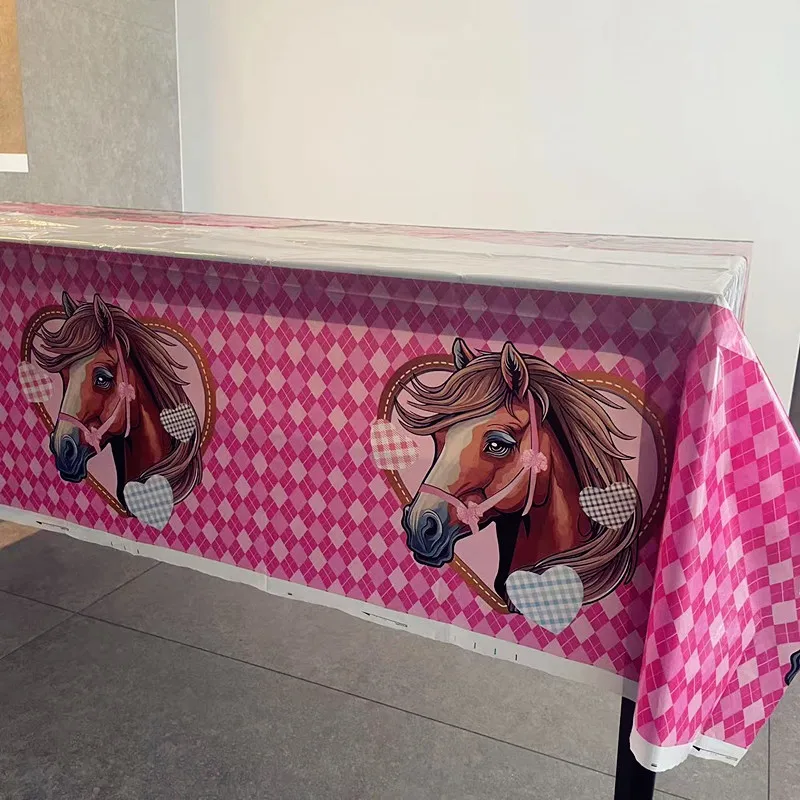 1pc 108x180CM Pink Cowgirl Horse Birthday Event Party Tablecloth Table Cover