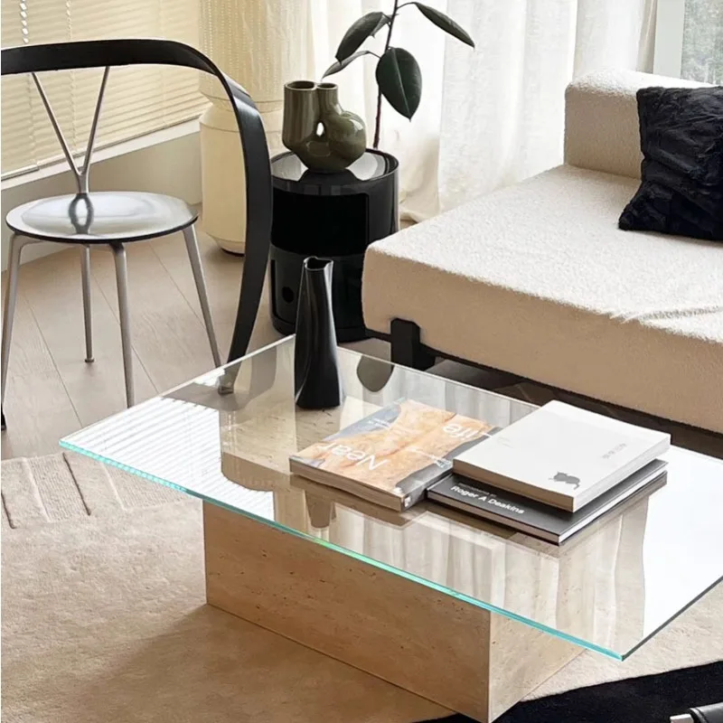 

Medieval style coffee table modern simple natural travertine coffee table ultra-white glass coffee table small apartment minimal