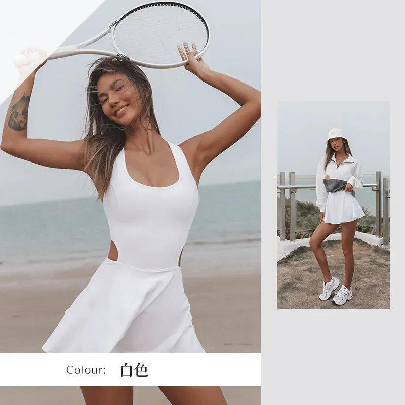 Vestido deportivo de tenis para mujer, falda de Golf con tirantes en Y, espalda de belleza, Vestido corto calado para correr al aire libre, ropa atlética para gimnasio y Yoga