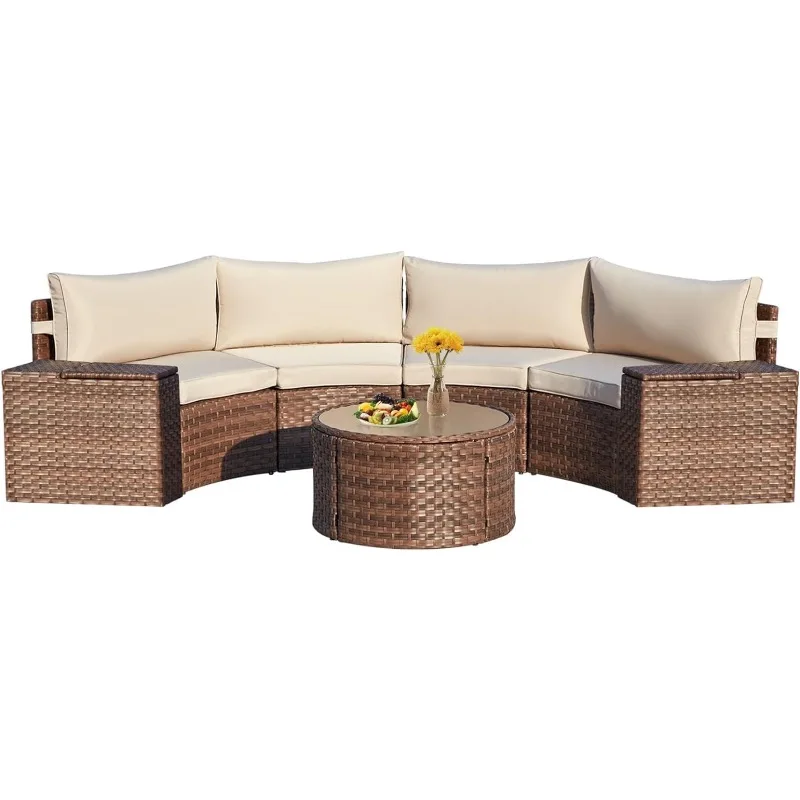 

Curved Wicker Sectional Conversation Set with 2 Storage Armrests and Glass Coffee Table, Garden Balcony and Backyard (Beige)