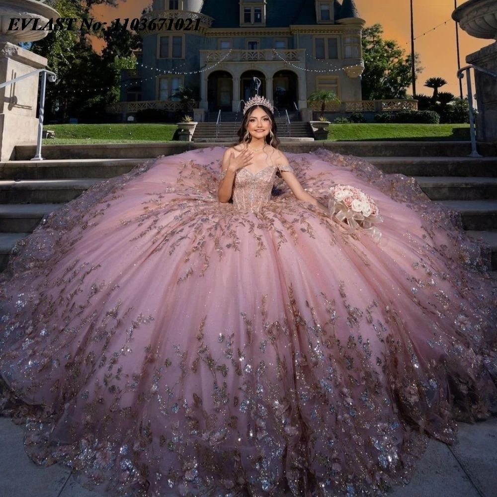 EVLAST Personalizado Rosa Lantejoulas Quinceanera Vestido de Baile Applique Frisado Cristal Em Camadas Doce 16 Vestidos De 15 Anos SQ750