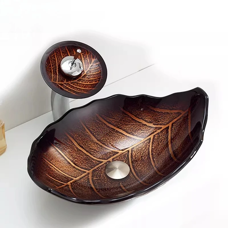 

Tempered glass counter basin household wash basin retro art bathroom ins wind creative leaf