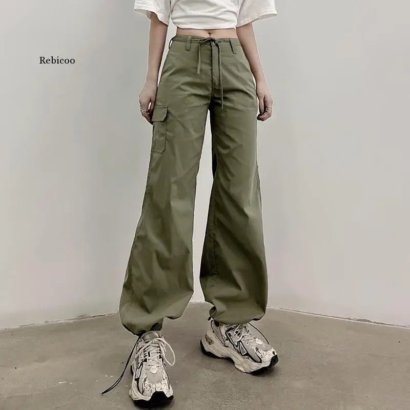 New Green Cargo Pants women 2022 Tie Up Ruched Trousers Women Retro Baggy Low Waisted Sweatpants Pockets Harajuku Joggers