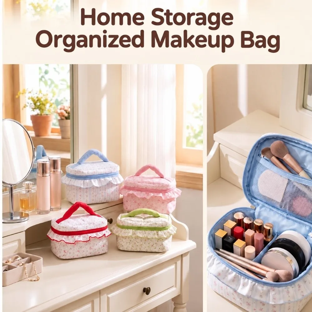New Floral Print Cosmetic Bag Large-Capacity Ruffled Travel Toiletry Bag Portable Ultralight Storage Bag