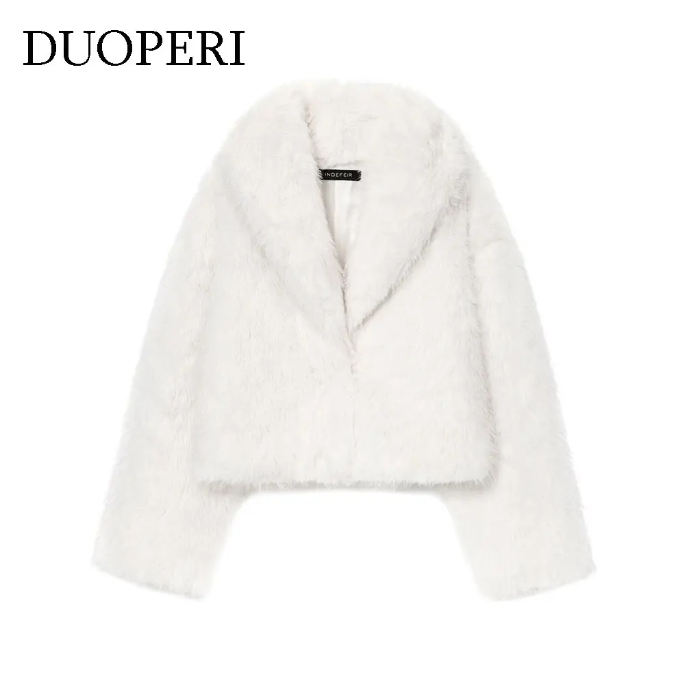

DUOPERI женская модная белая куртка из искусственного меха со скрытой грудью, пальто с лацканами и длинными рукавами, женская элегантная шикарная женская одежда