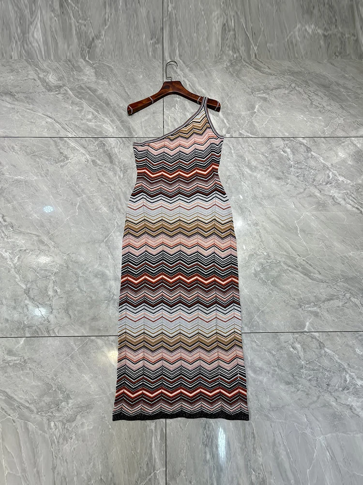 Summer Fashion Vintage Zigzag Pattern Knitting Floor-Length Pencil Dress Women's One-Shoulder Diagonal Collar High Waist Dresses