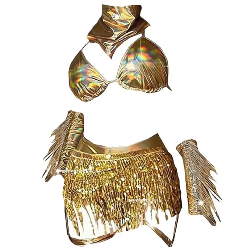 Costume de brevSexy en Tricot pour Femme, Tenue de Bar, Discothèque, Dj Ds, Pole Dance, Bikini Laser Or et Argent, Spectacle sur Scène, Rave, DW10246