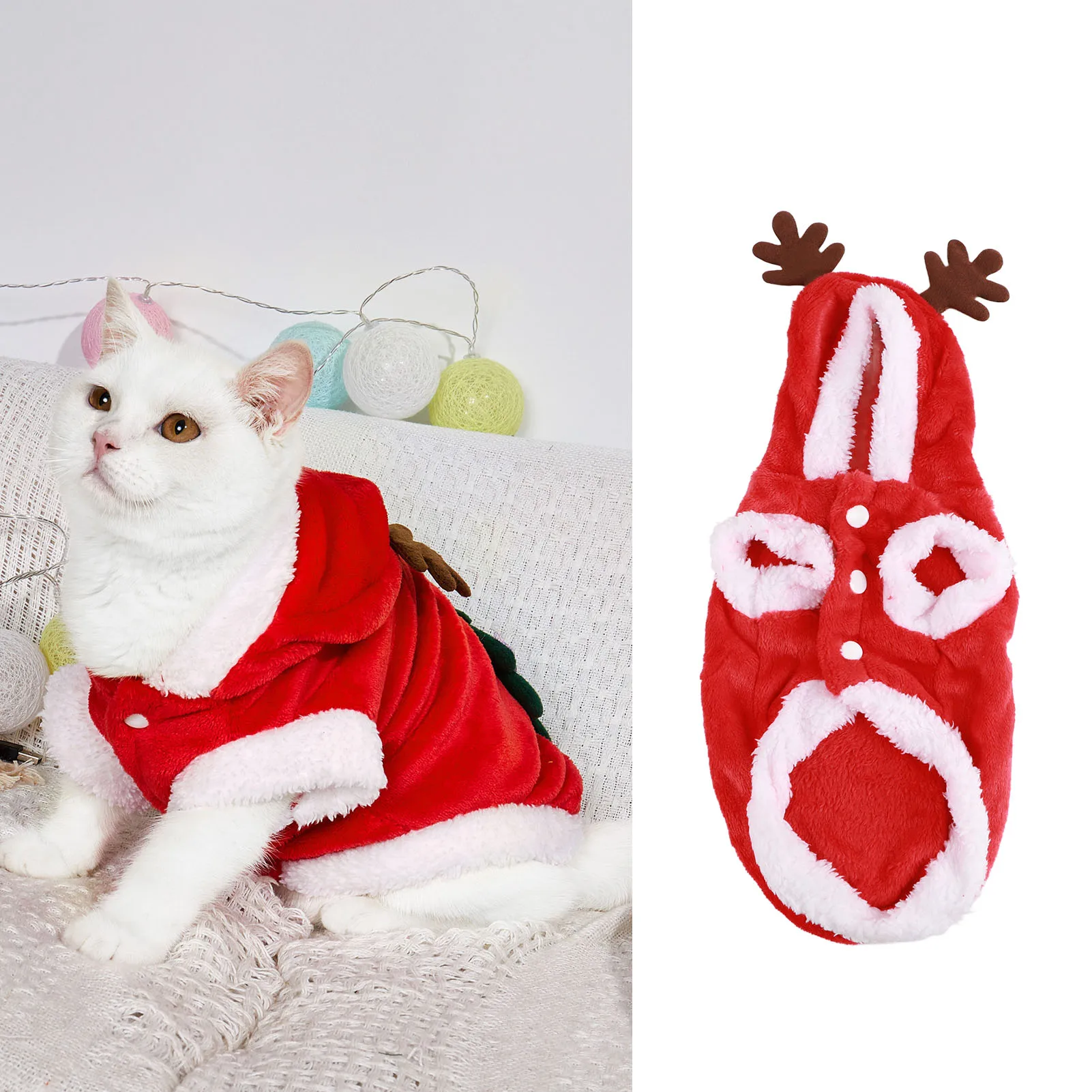 

Pet Christmas Clothes Flannel Snap Buttons Closure Hooded Dog Costume Coat for Cat Puppy Chinchillas Rabbits M 1 Piece