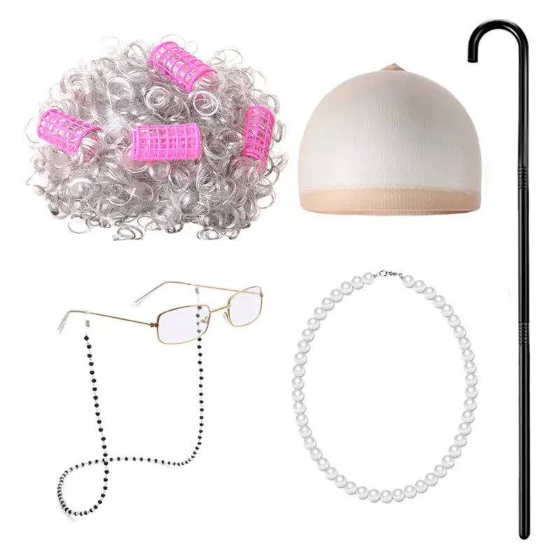 

Halloween Granny Wig COS Middle-aged Elderly Grandpa Granny Gray Short Curly Hair Wig Headgear Props