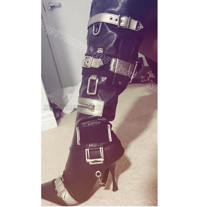 Botas stiletto com fivela de cinto preto, couro fosco, estilo britânico, design de moda para festa, primavera, botas femininas