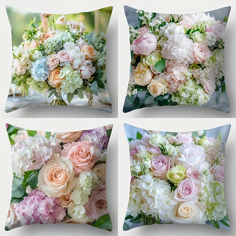 1pc 2D Flat (Pillow Not Included) Pastel Roses Hydrangea Bouquet Cushion Cover Short Plush Elegant Wedding DecorThrow PillowCase