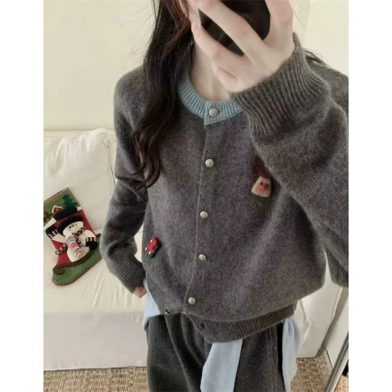Women Korean Fashion Vintage Contrast Color Funny Cute 3D Cartoon Cardigan Casual Sweet Chic O Neck Long Sleeve Knitted Sweater