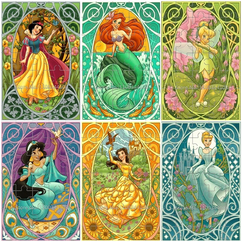 300/500/1000 PCS Disney Princess Puzzles Aladdin Ariel Snow Cinderella Tinkerbell Jigsaw Puzzles Wooden Pictures Handmade Toys