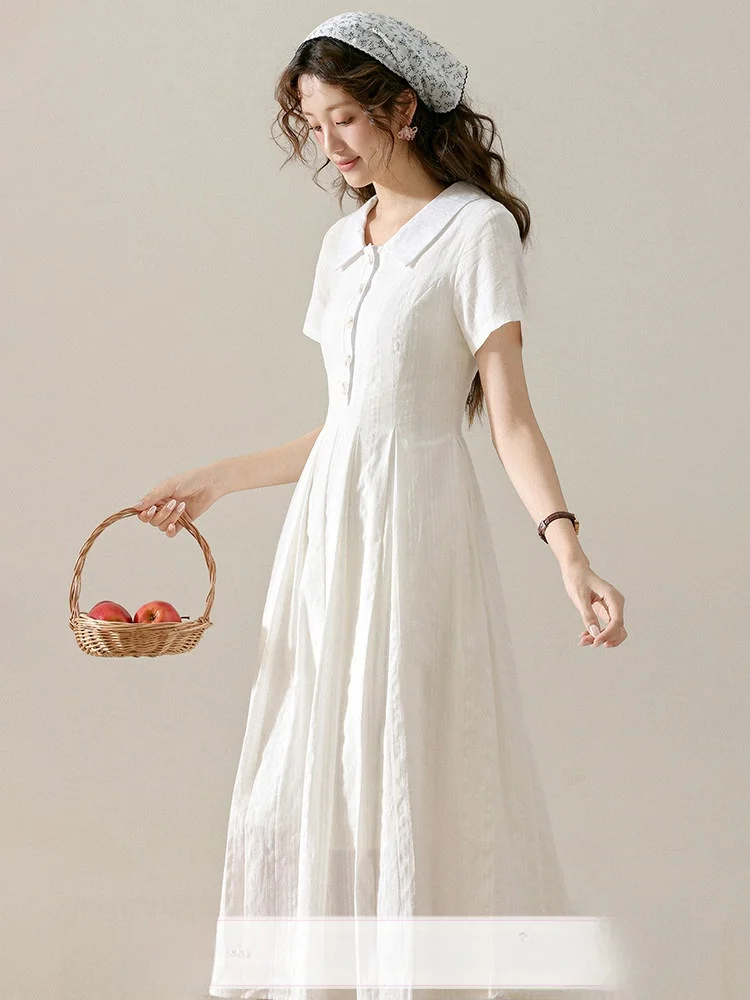 

White Shirt Dress Women's Waist-Cinching Slimming Summer Dress Three-Inch Lotus Bell Kite Soft Polyester Blend Short Sleeve A...