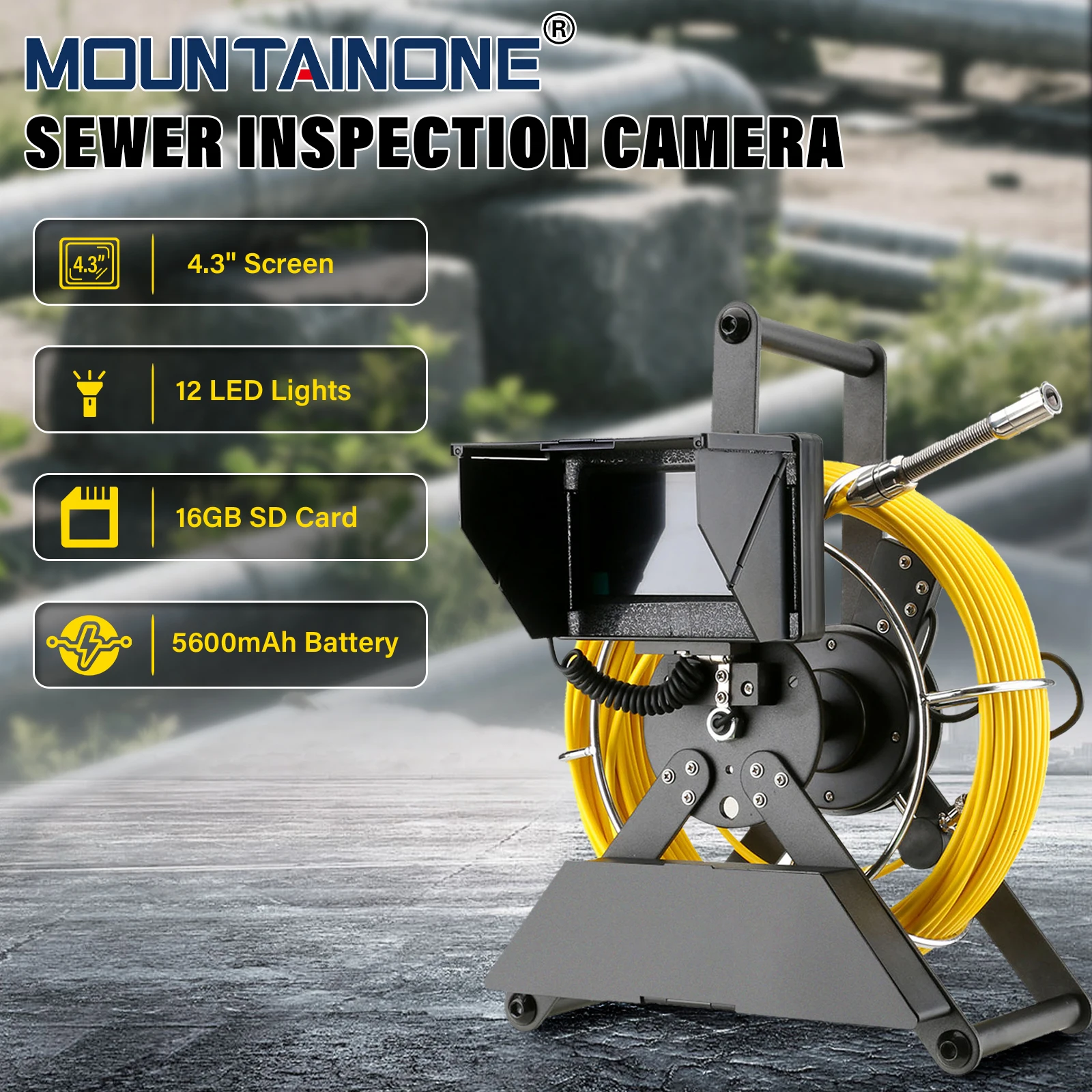 

Sewer Pipe Inspection Camera with 16GB TF Card DVR Sewer Drain Industrial Endoscope IP68 5600MHA Battery 4.3inch IPS color monit