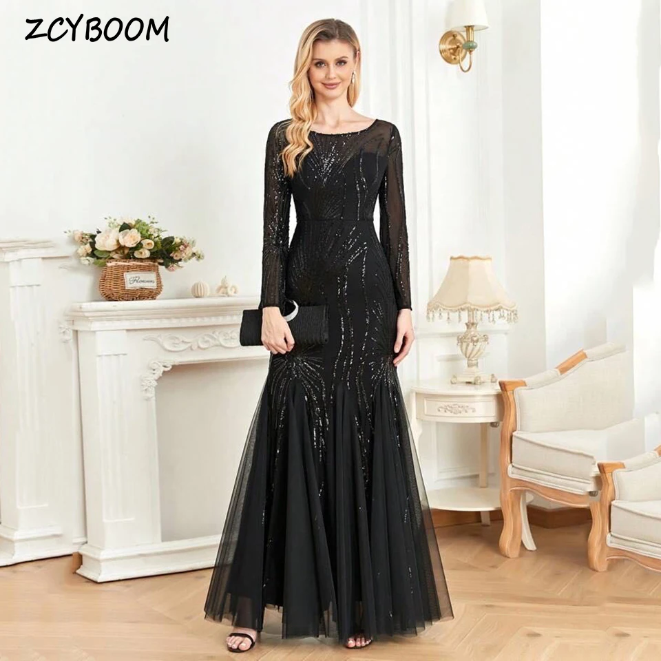 

Elegant Black O-Neck Long Sleeves Sequin Evening Dress 2025 Mermaid Floor Length Tulle Zipper Custom Made For Women Prom Dress