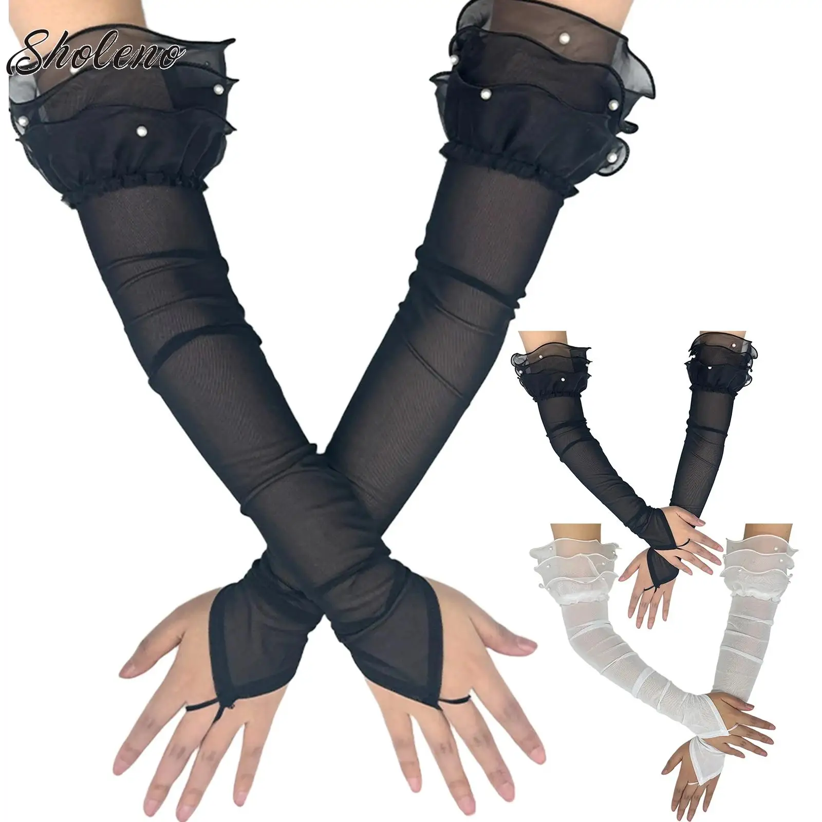 

Women Lolita Jk Fingerless Gloves Tulle Mesh Ruffled Faux Pearls Gothic Sunscreen Sleeve Clothing Accessories Elastic Mesh Punk