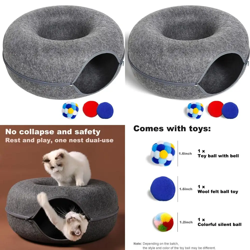 

Кровать-тоннель для кошек с 3 игрушками, устойчивая к царапинам кровать-пончик для кошек весом до 30 фунтов, 24x24x11, темно-серый