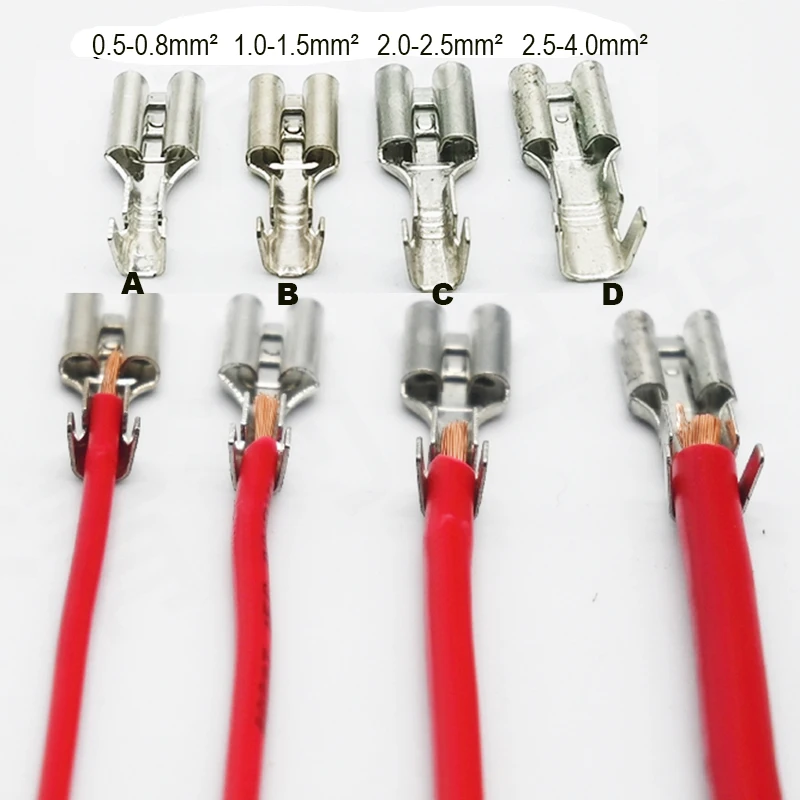 2000Pcs DJ622-D6.3B /A/B/C/D 0.5-4mm2 Quick Splice 6.3mm Female Wire Spade Connector 6.3 Crimp Spade Terminal