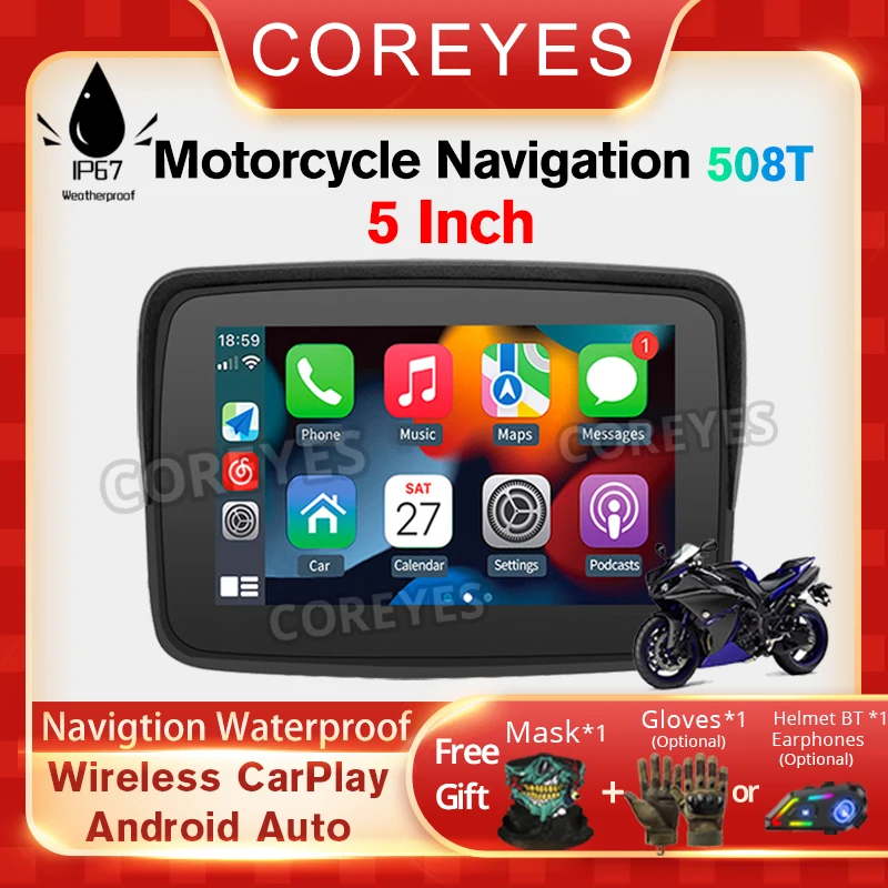 

COREYES 508T Мотоциклетный экран Carplay Мото-навигация Водонепроницаемый экран Портативный мотоцикл Беспроводной Android Авто Монитор GPS