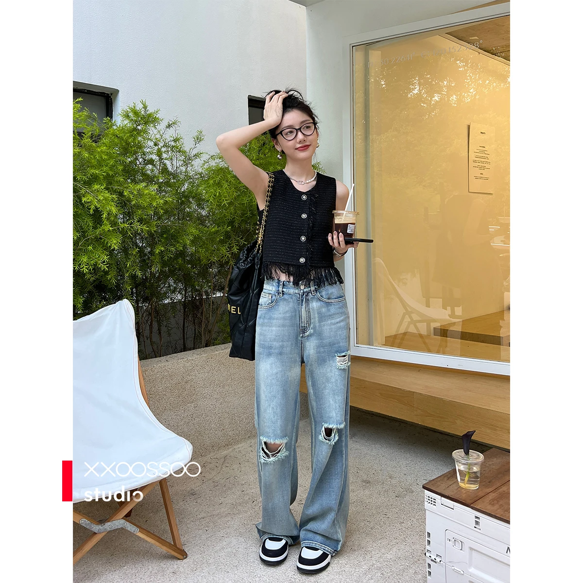 Diamond Chain Long Hot Girl Jeans Thin Women's Straight Summer Slim Side Slit Casual Loose Wide Leg Trousers Jeans Mujer Roupas