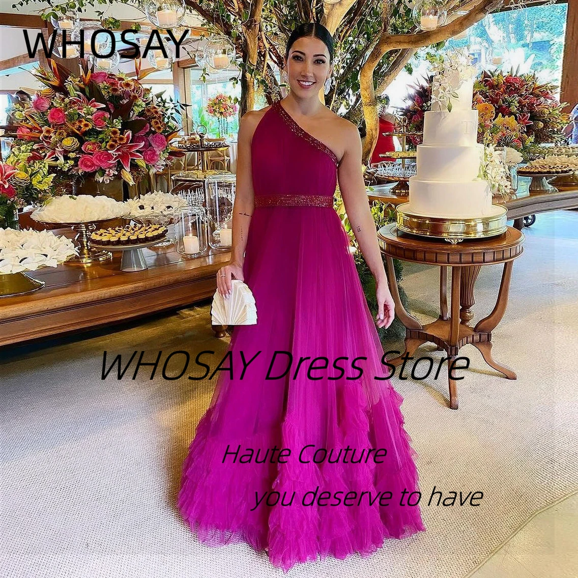 WHOSAY Fushcia Prom Dresses One Shoulder Beaded Sash Evening Dress Ruffles Tulle Floor Length Birthday Party Bridal Gowns