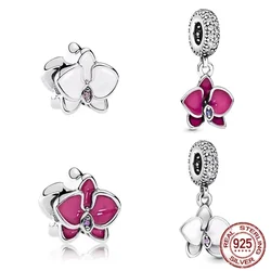 White Red Orchid Dangle Charm Authentic 925 Sterling Silver Bead For Women Fit Original Bracelet Necklace Jewelry Gift