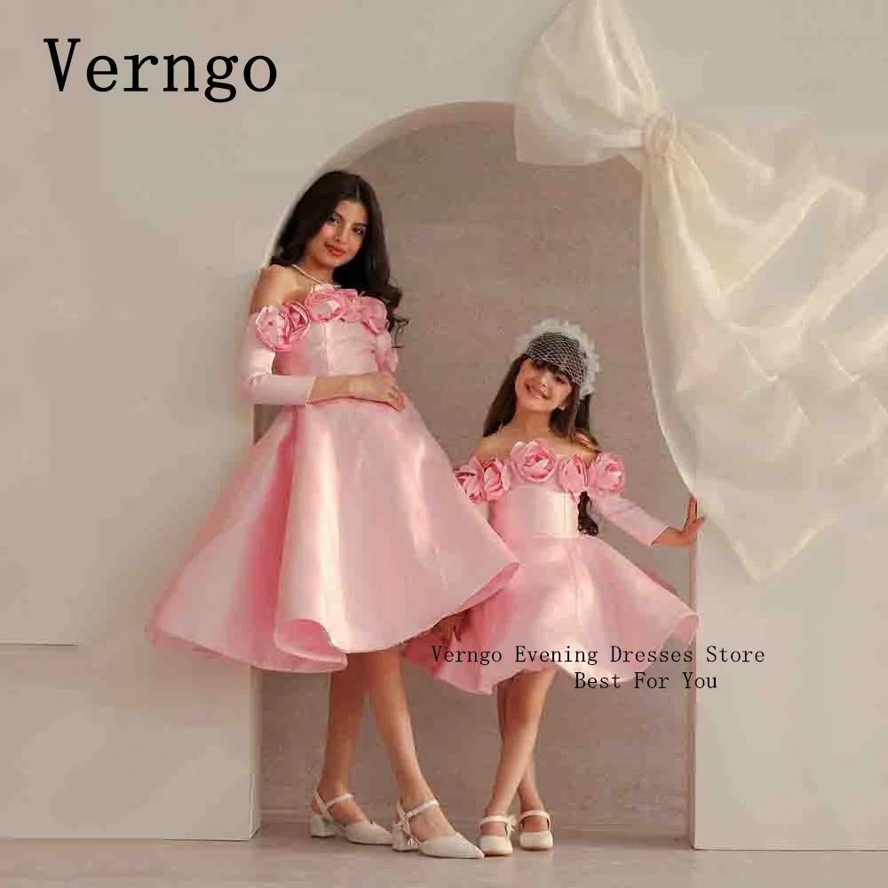 Verngo Pink Satin Party Dress Off The Shoulder A Line Prom Gowns 3D Flowers Elegant Formal Occasion Dress Flower Girl Dress