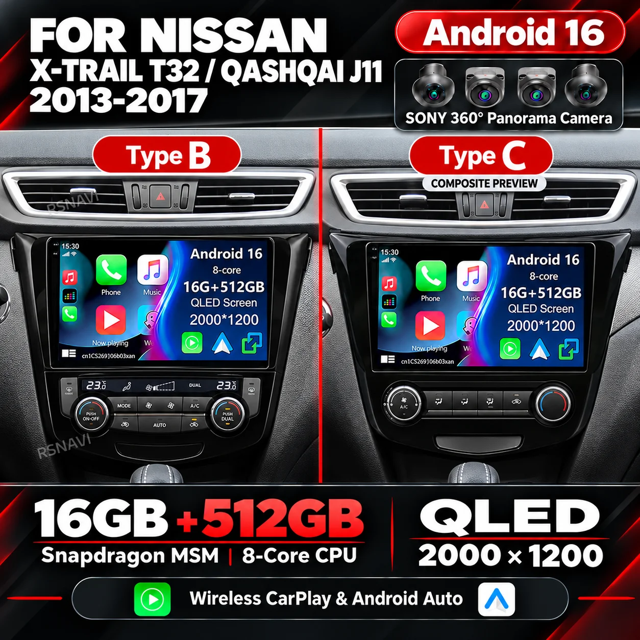 Qualcomm Android 16 Car Radio For Nissan X-Trail T32 Qashqai J11 2013-2017 2K QLED Wireless CarPlay Android Auto GPS 4G Stereo