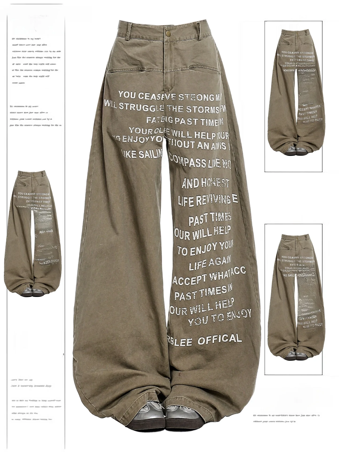 

American Retro Khaki Letter Print Wide Leg Jeans Women's Spring Loose High Waist Slimming Trousers Casual High Waist Jeans