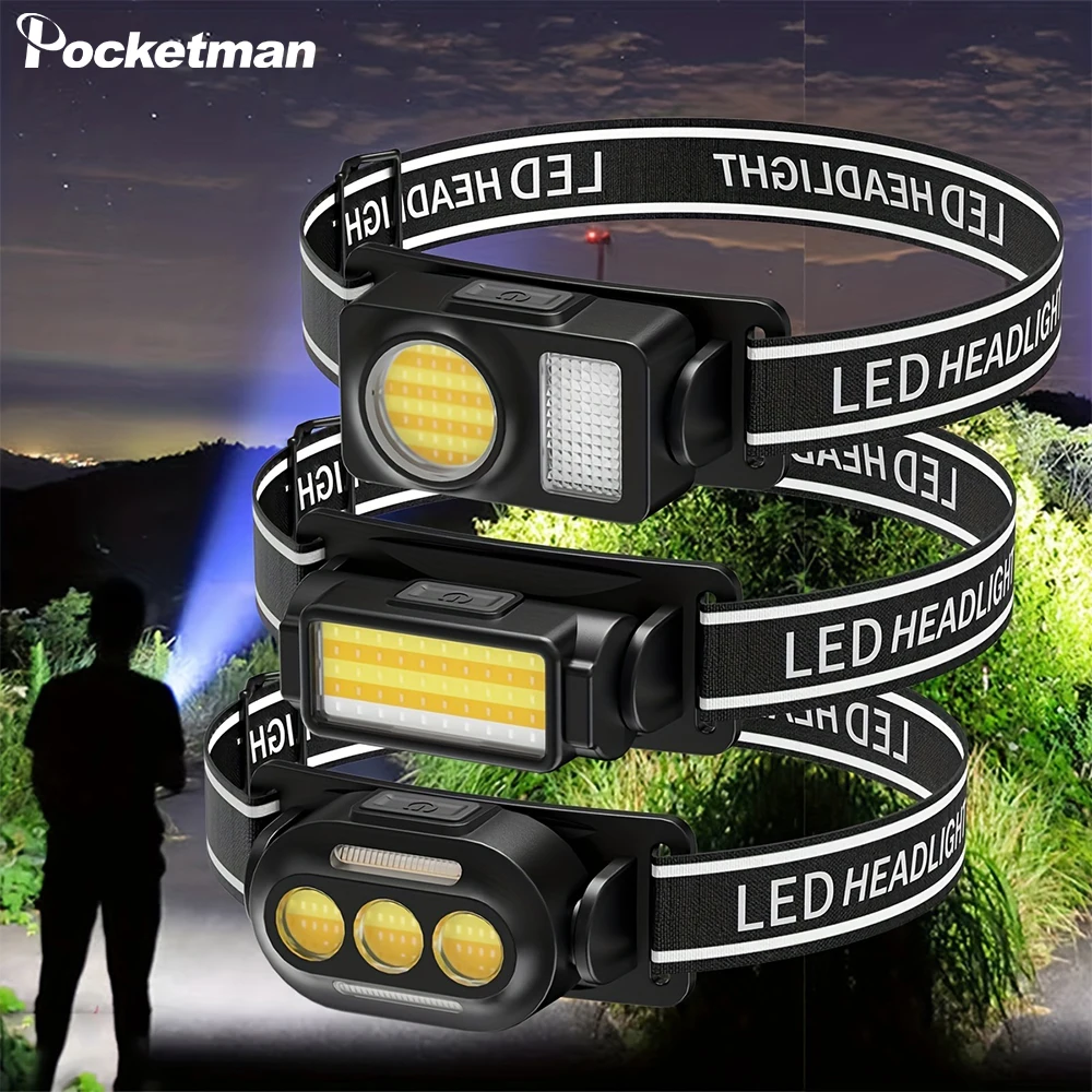 Pocketman COB LED Headlamp USB Rechargeable Long Range Headlight Outdoor Waterproof Head Lamp Head Flashlight with Battery