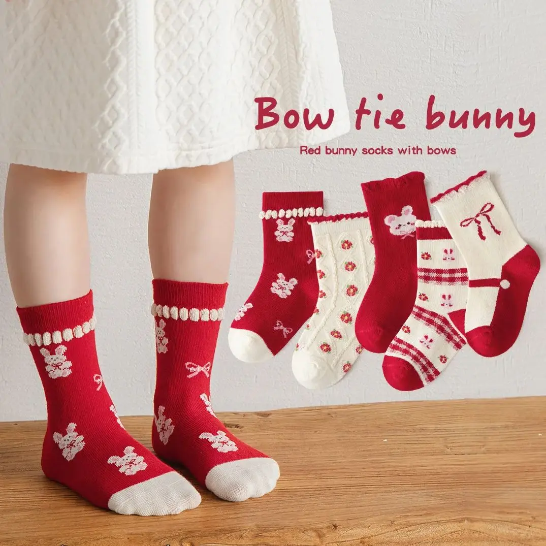 Autumn Girls Socks Baby Red Bunny Socks A Class Cotton Socks Children Medium Socks Kids Socks 5 Pairs