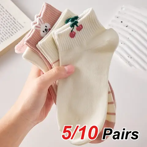 5/10 Pairs Women Socks Cute Pink Cherry Strawberry Rabbit Pattern, Comfortable Breathable Casual Design Suitable for All Seasons