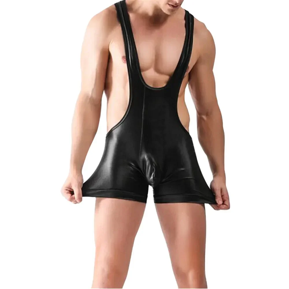 

Faux Leather Bodysuit Men Black One Piece Skinny Sexy Lingerie Teddy Erotic Nightclub