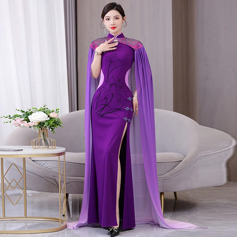 

High-end Women Clothing Summer Cheongsam dress Shawl Chinese Style Long Etiquette Costume Party Lady Y2K 2024 Chic Stage dresses