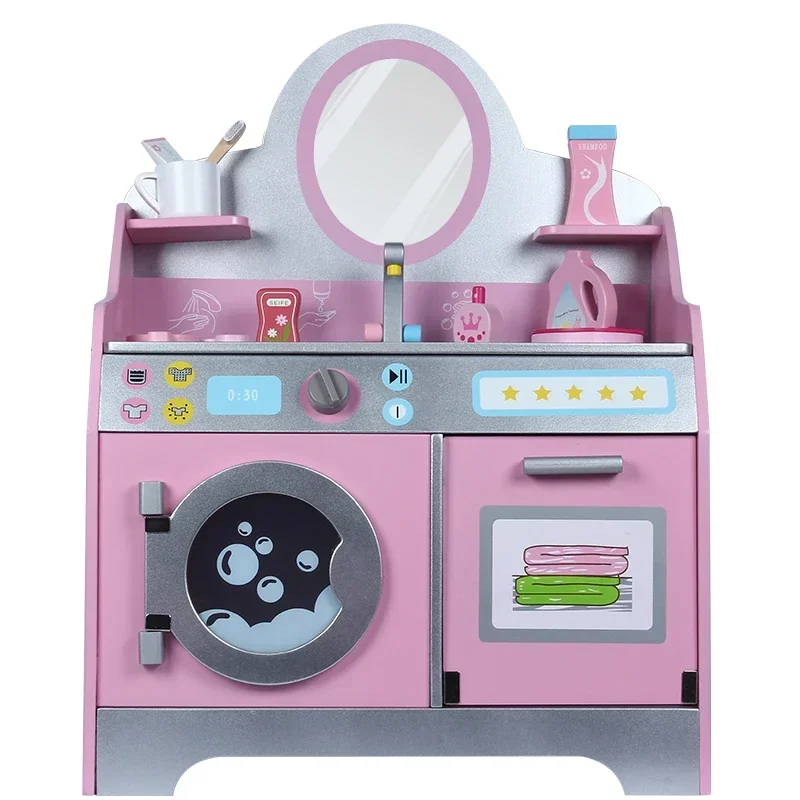 Girls Makeup Wooden Vanity Play set with Washing Machine and Dress Table for Kids Beauty Set with Makeup Accessories